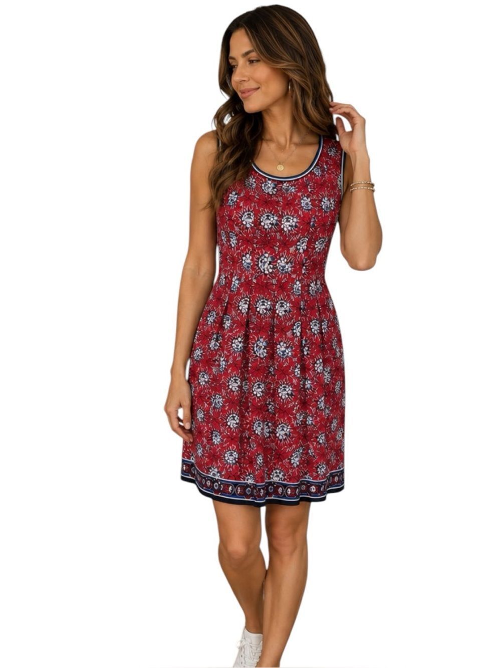 Max Studio Red Floral Fit Flare Dress Medium Sleeveless Boho Cottagecore Summer